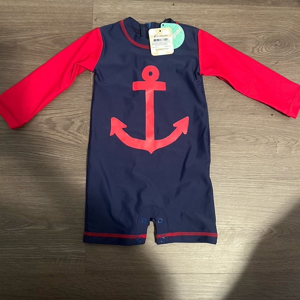 Hatley Blue and Red Rashguard Swimwear with Anchor Design 6/9M